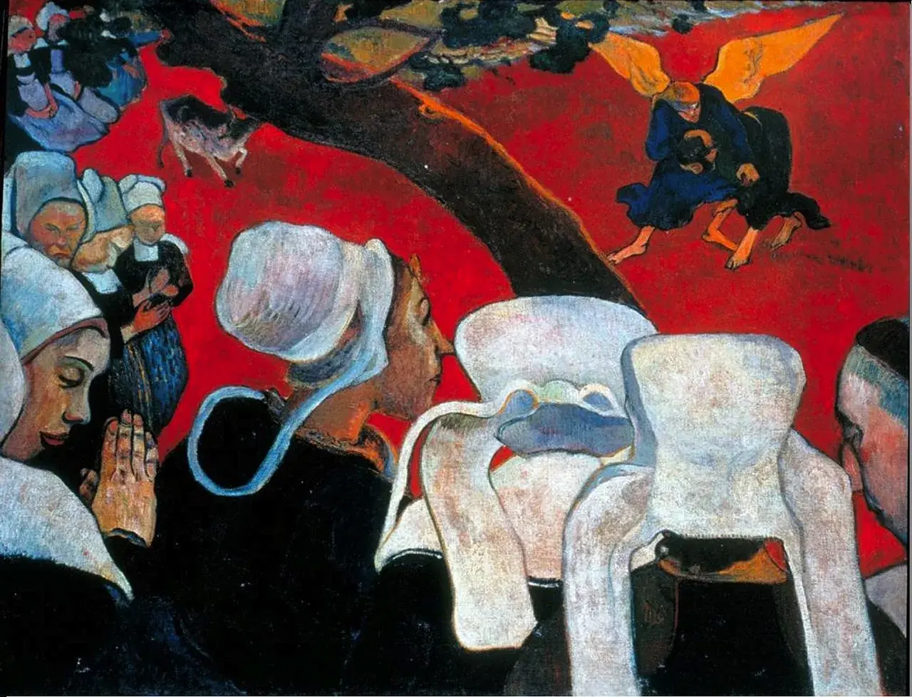 La Vision après le sermon, une peinture de Gauguin, montre des femmes bretonnes priant devant un combat de Jacob et l'ange, sur fond rouge vif.