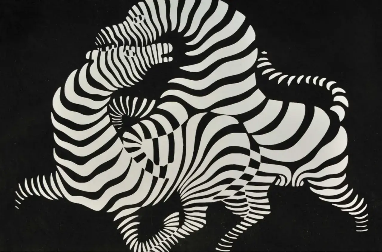 Œuvres d'art de Victor Vasarely : des zèbres aux rayures ondulantes s'entremêlent dans une composition optique hypnotique sur fond noir.