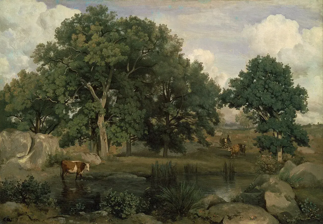 Vache dans un étang, paysage boisé. Une scène qui pourrait figurer sur une liste des peintres de l'école de Barbizon.