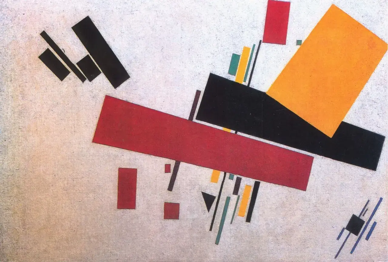 Composition avant-gardiste : formes géométriques noires, rouges, jaunes et bleues sur fond blanc texturé.