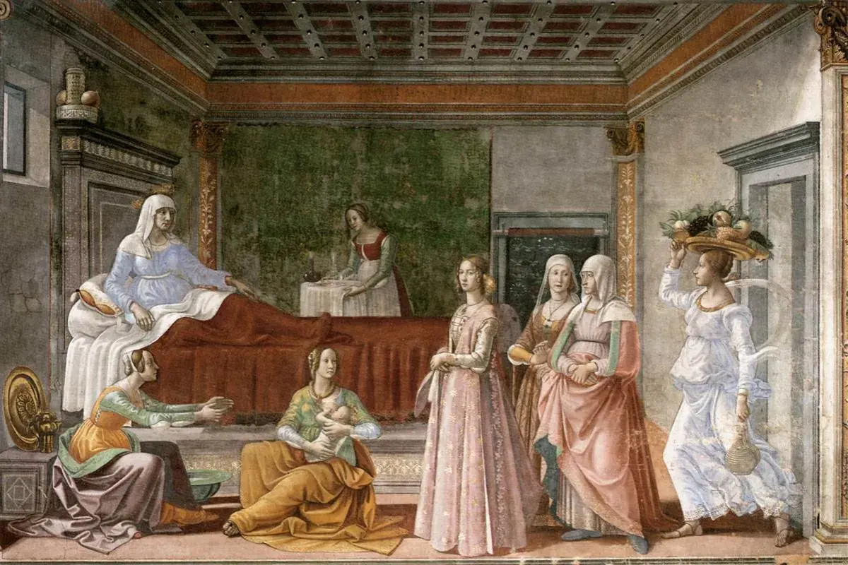 Un tableau d'amour maternel : une femme en bleu est allongée, une autre porte un bébé, entourées de femmes en robes colorées.