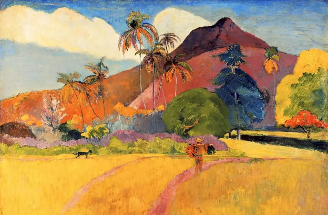 Paysage tropical aux couleurs vives, une œuvre d'art de Paul Gauguin. Un homme porte un panier, un chien court dans un champ doré.