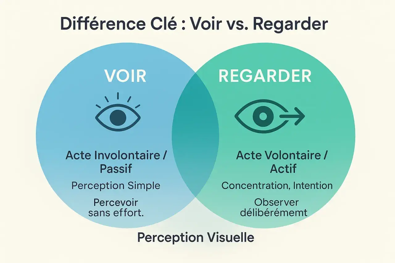 Diagramme comparant "Voir" (acte involontaire) et "Regarder" (acte volontaire), illustrant la perception visuelle à travers des icônes d'yeux.