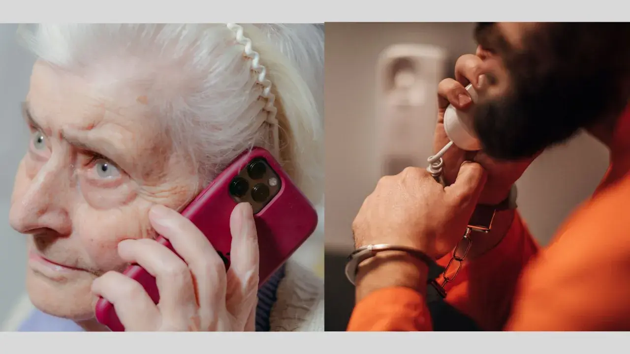 Une femme âgée parle au téléphone, tandis qu'un homme menotté, en orange, écoute. La signification : les murs ont des oreilles.