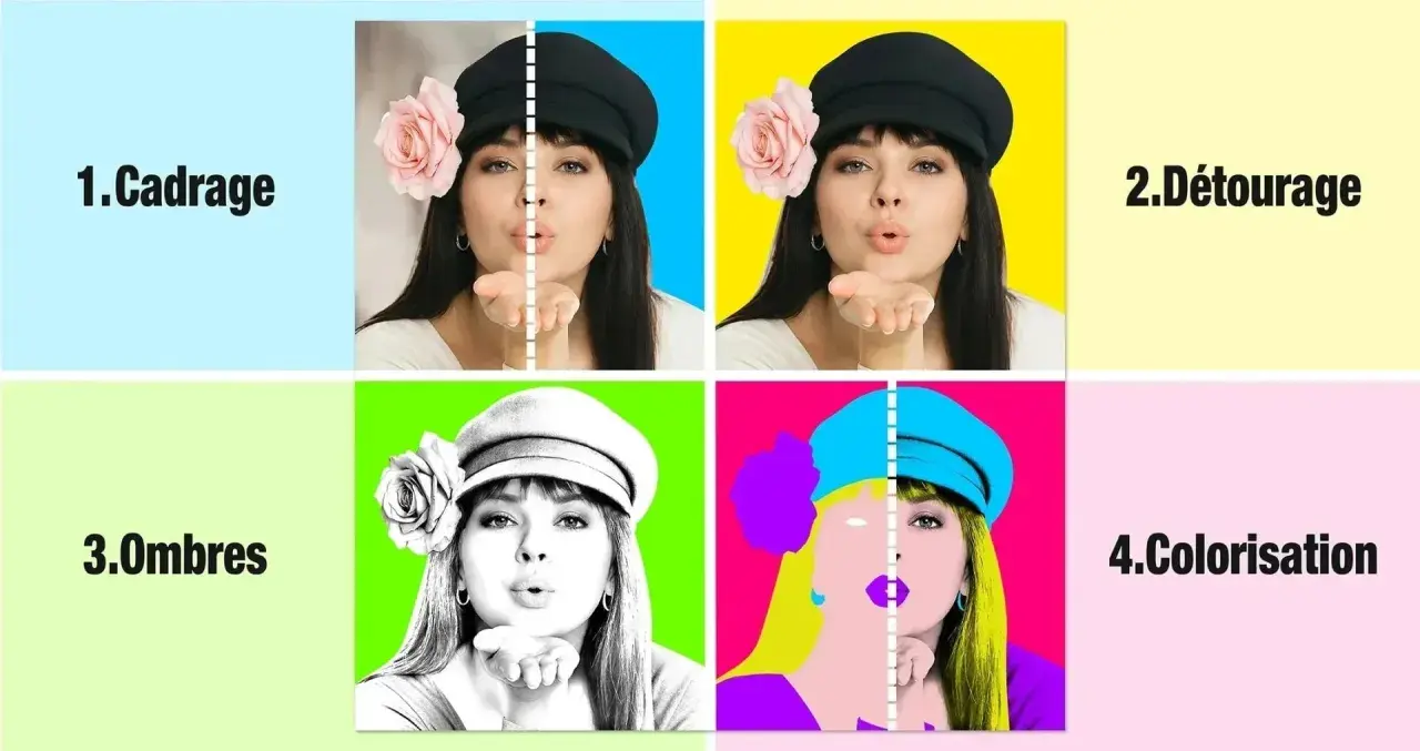 Exposé sur le pop art : quatre étapes montrant la transformation d'une photo de femme en style Warhol, du cadrage à la colorisation vibrante.