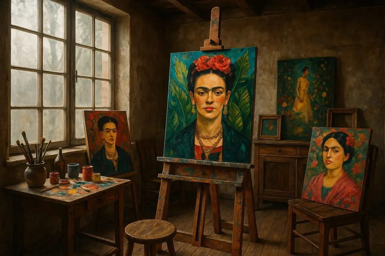 Atelier d'artiste avec plusieurs peintures de Frida Kahlo. Une grande toile sur un chevalet montre son portrait emblématique.