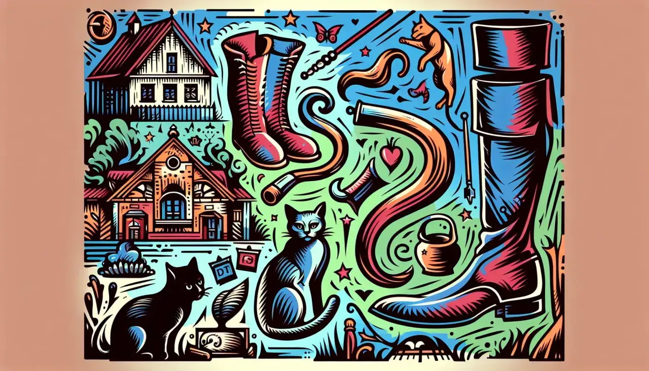 Dans cette peinture stylisée, le chat bleu, au regard perçant, semble observer un monde peuplé de bottes, de maisons et d'objets étranges.