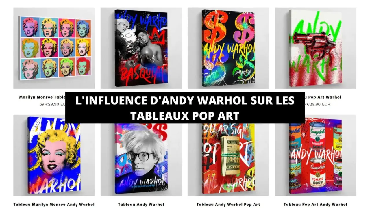Œuvres pop art inspirées par le mouvement artistique d'Andy Warhol : Marilyn Monroe, dollars, pistolet, boîtes de soupe.