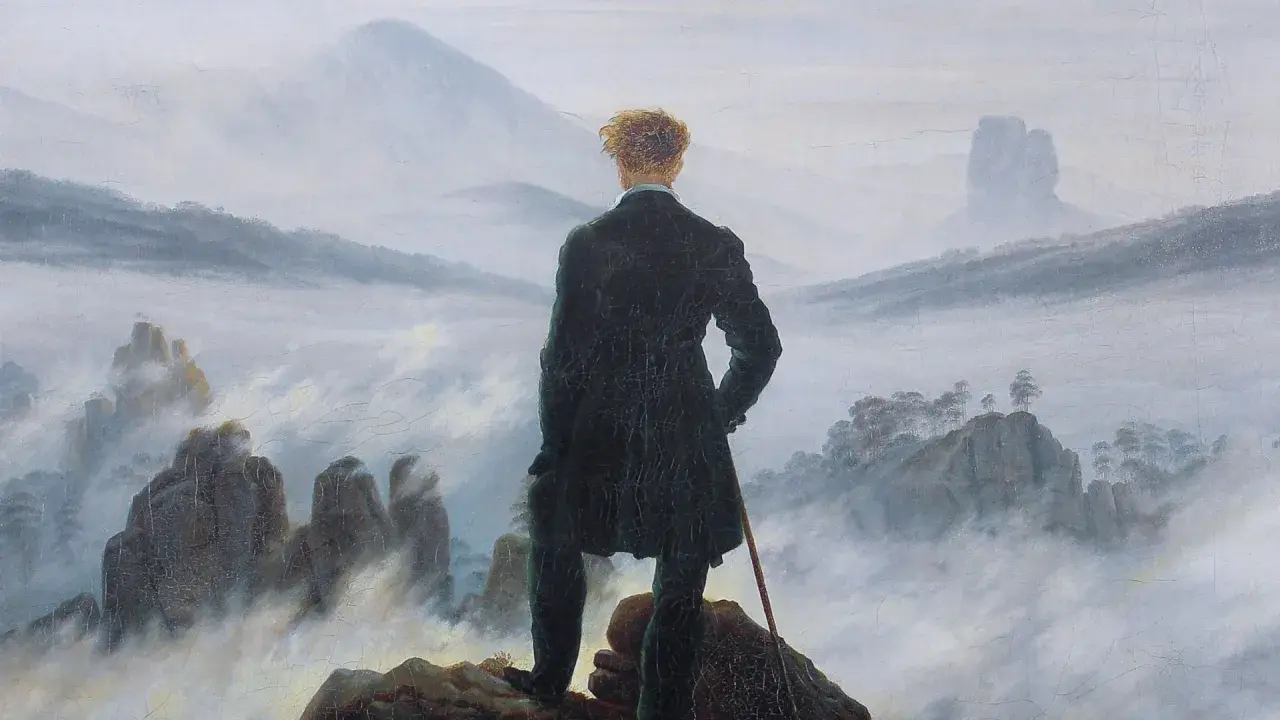 Un homme contemplatif, silhouette d'un amour perdu, se tient sur un rocher, dominant un paysage brumeux. Peinture romantique.