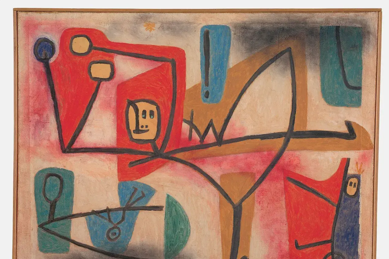 Tableau abstrait de Paul Klee avec des formes géométriques et des personnages stylisés, aux couleurs vives et contrastées.