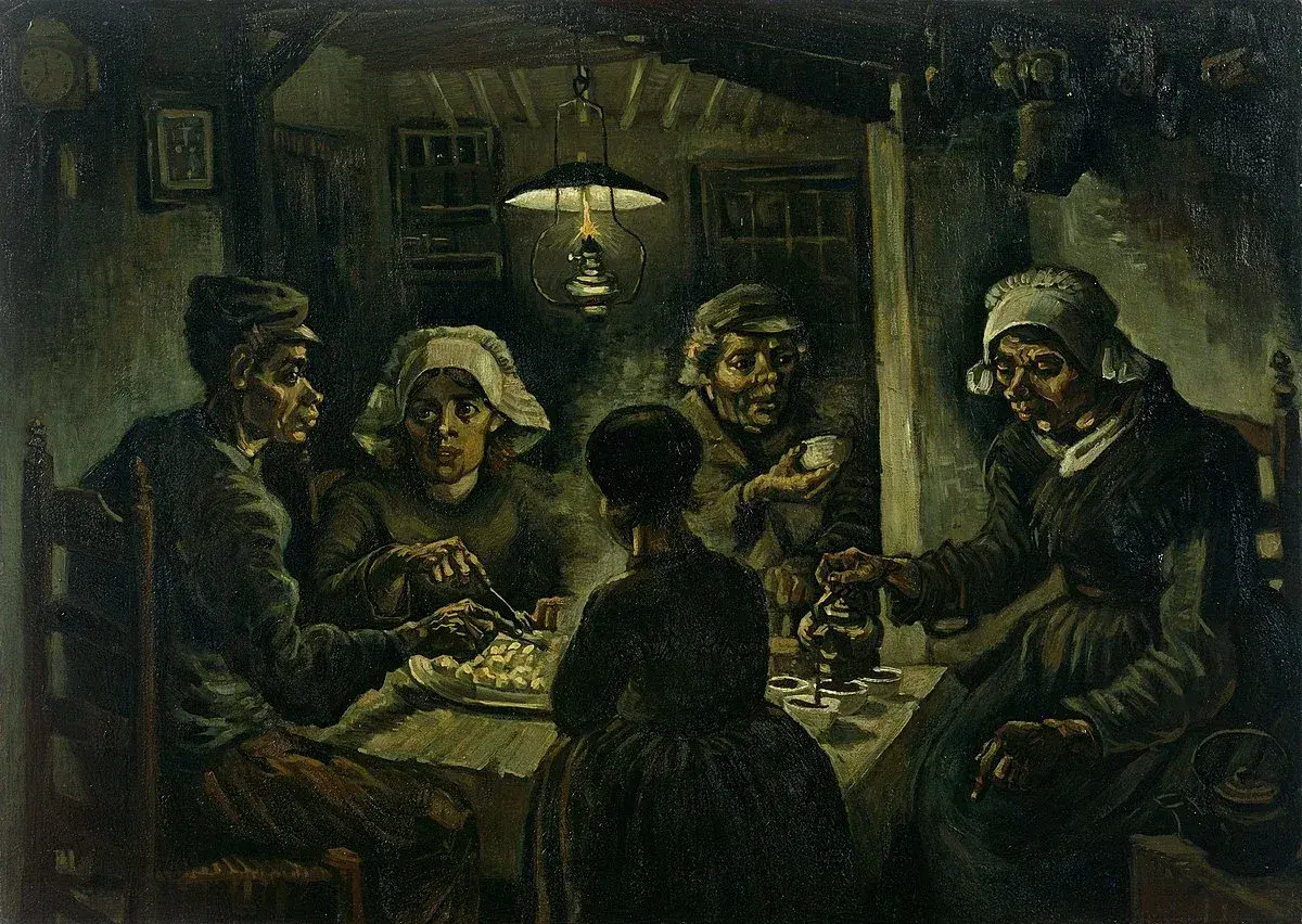 Les Mangeurs de pommes de terre, une œuvre emblématique du courant artistique de Van Gogh, dépeint une famille paysanne partageant un repas humble sous la lumière d'une lampe.