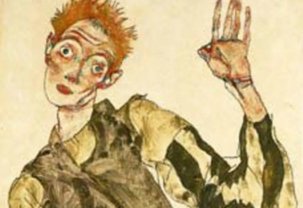 Autoportrait d'Egon Schiele, visage expressif, main levée, style expressionniste.