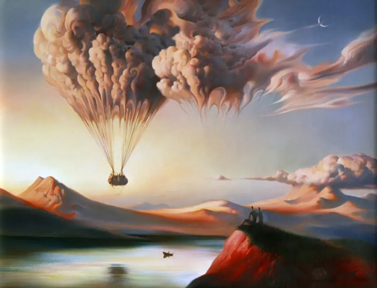 Un ballon en forme de cœur, nuageux, s'élève au-dessus d'un paysage onirique. Deux silhouettes contemplent l'horizon dans cet art surréaliste.