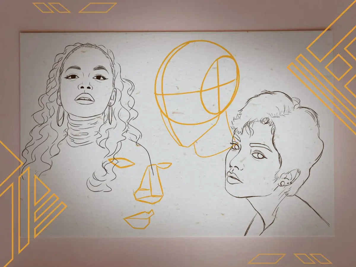 Une étude de portrait au trait, montrant trois visages esquissés et une tête géométrique.