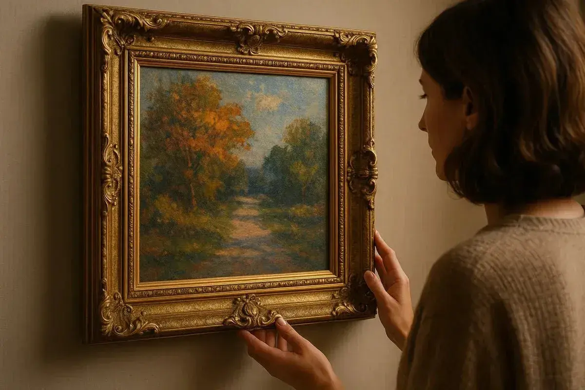 Une femme ajuste un tableau représentant un chemin forestier automnal, son cadre doré orné ajoutant une touche d'élégance.