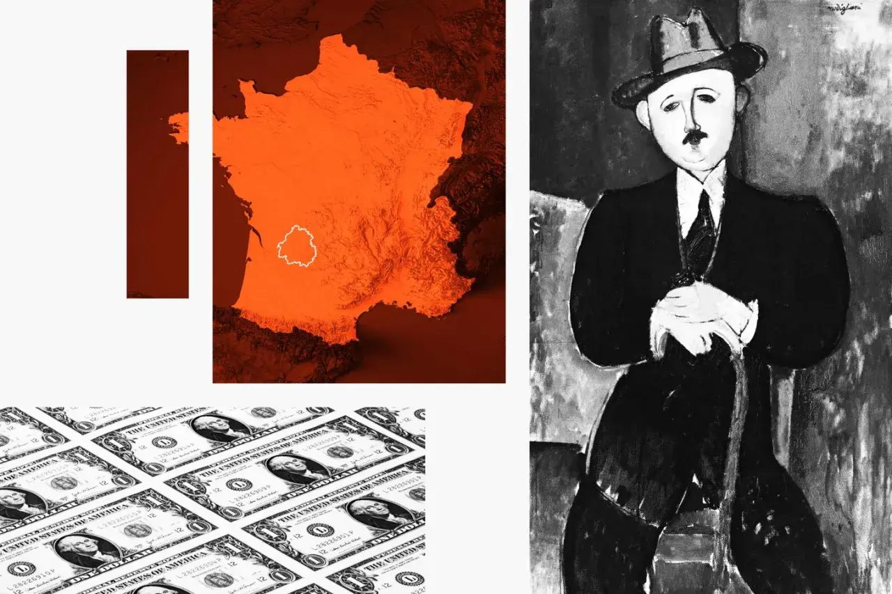 Portrait de Modigliani en noir et blanc, à côté d'une carte de France orange et de billets de dollars.