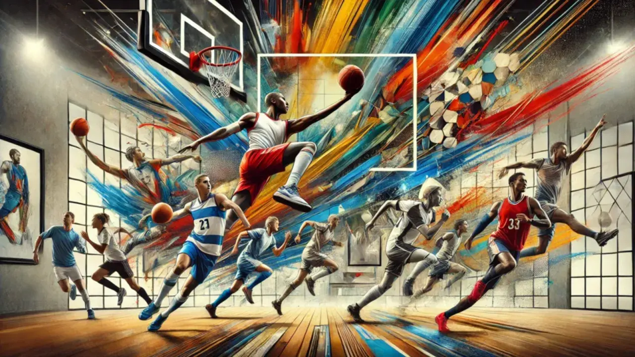 L'art des sports en mouvement : des joueurs de basket-ball s'affrontent dans une explosion de couleurs vives, capturant l'énergie et la passion du jeu.
