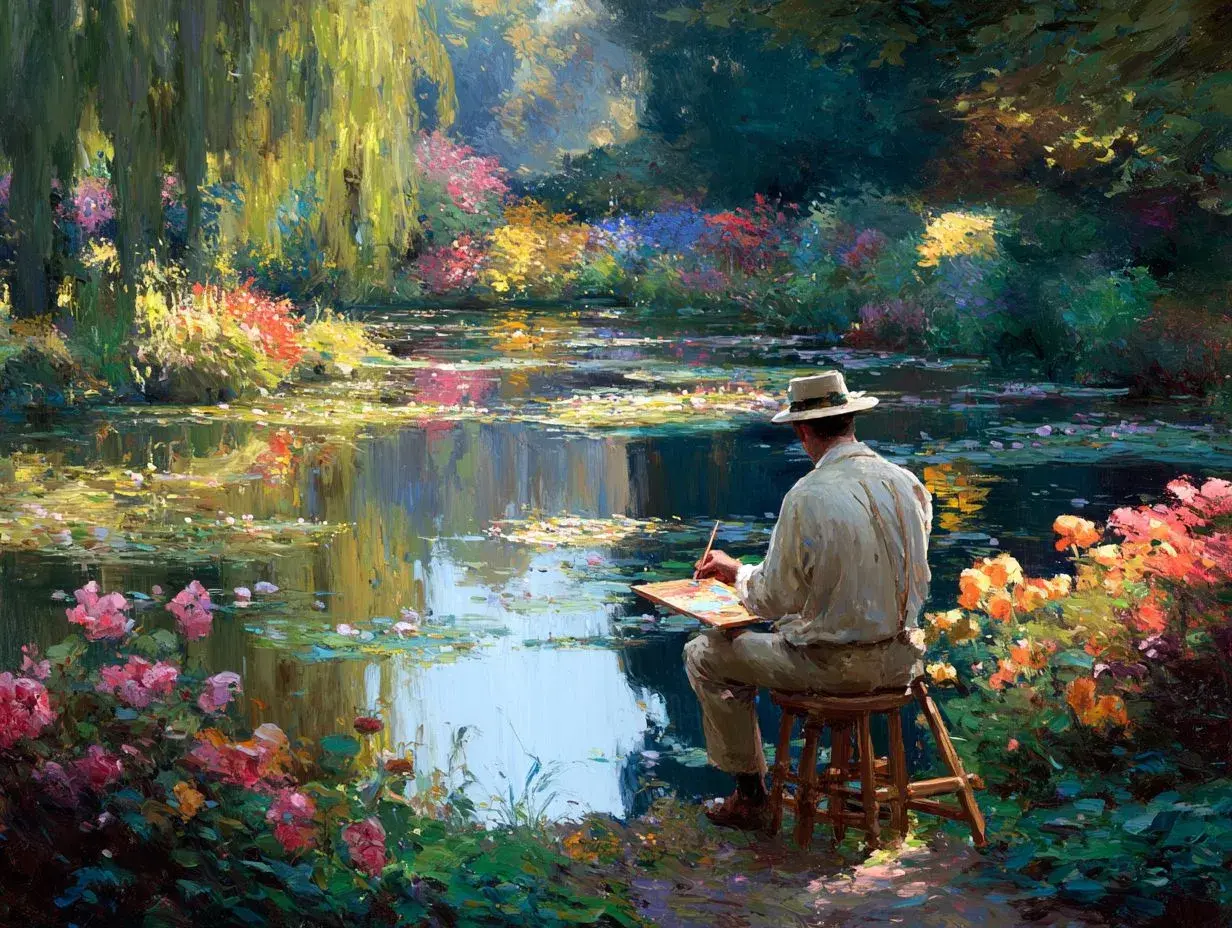 Un artiste, dans un jardin luxuriant, capture l'essence de l'impressionnisme Monet au bord de l'eau.