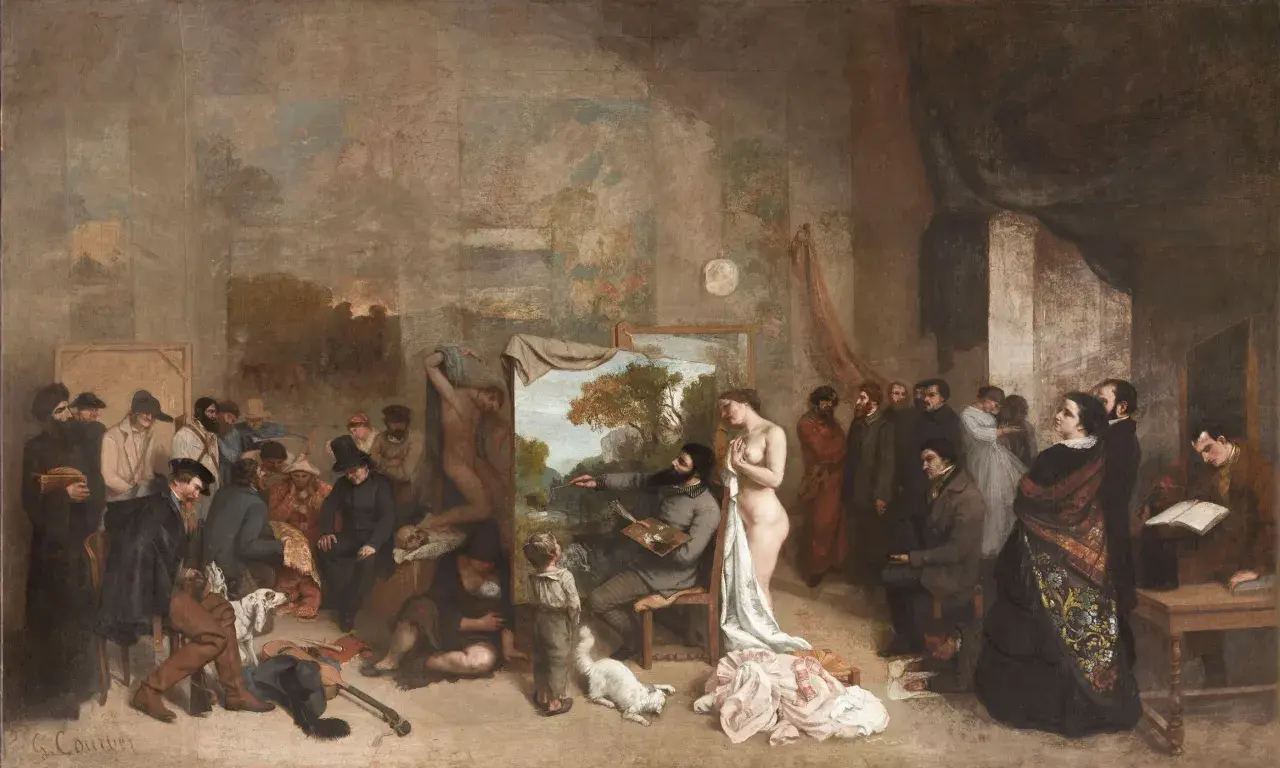 L'atelier de Gustave Courbet, une scène animée avec un peintre, un modèle nu, des spectateurs et des animaux.