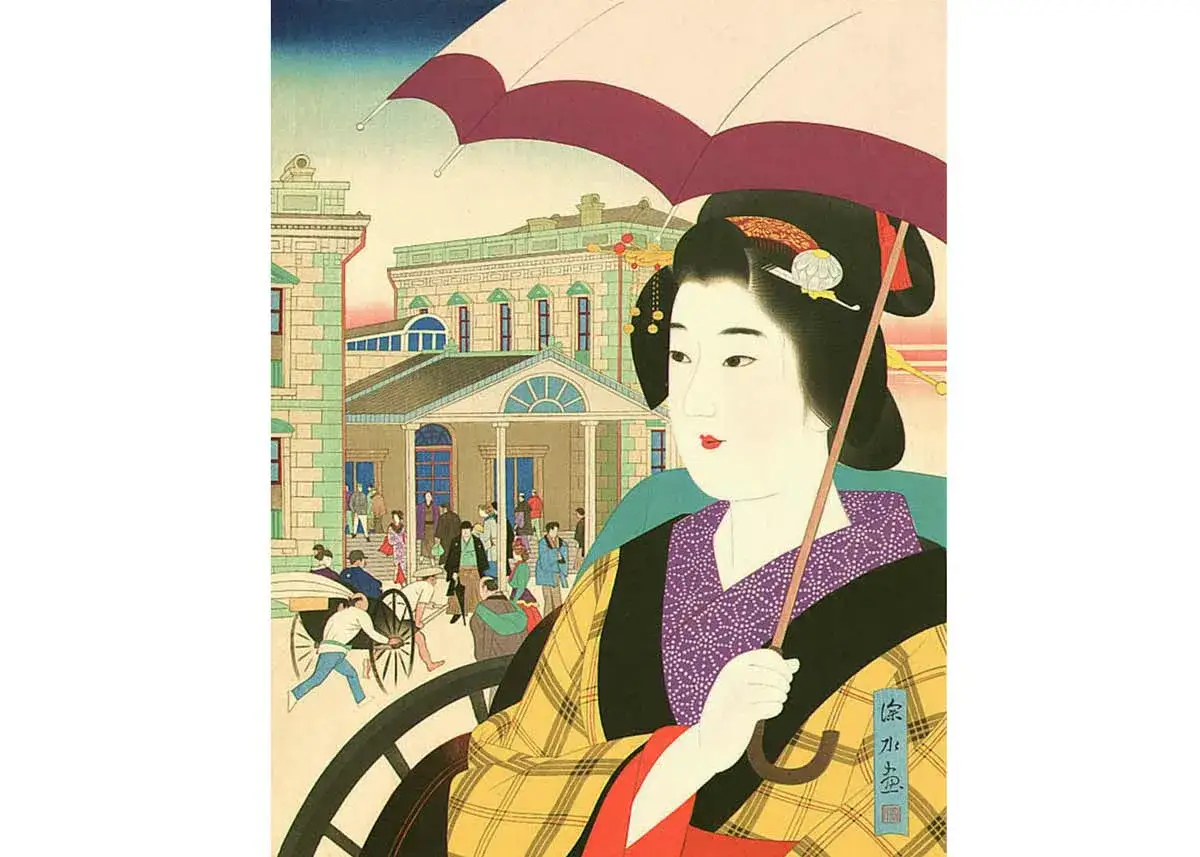 Peinture japonaise : une femme élégante sous un parapluie, observant une rue animée avec des bâtiments de style occidental.