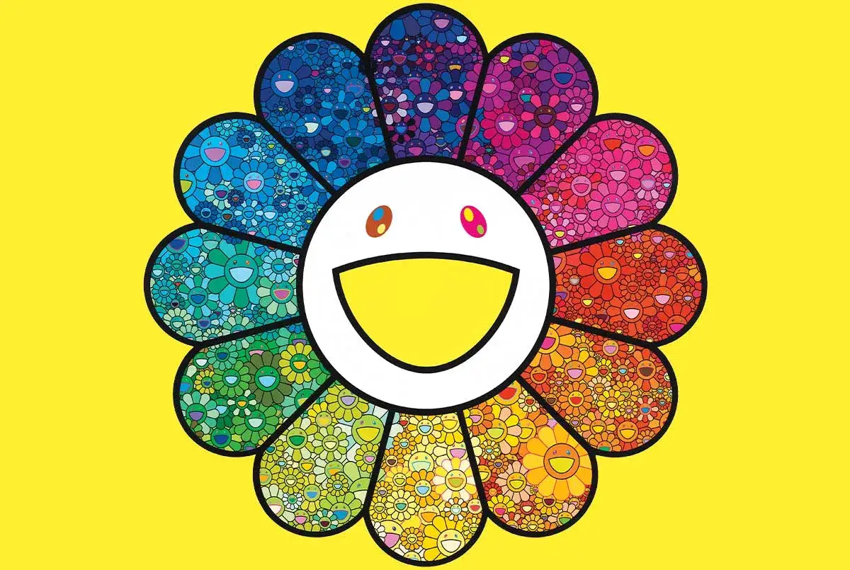 Fleur Takashi Murakami multicolore, composée de petites fleurs souriantes, sur fond jaune vif.