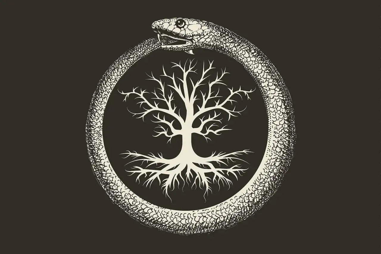 Un serpent qui se mord la queue forme un cercle autour d'un arbre stylis&eacute; aux racines profondes. Symbole d'&eacute;ternit&eacute; et de renouveau.
