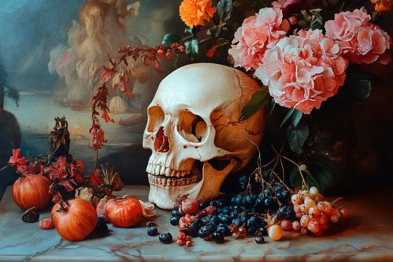 Crâne, fruits et fleurs dans une nature morte. Un rappel que tous les goûts sont dans la nature, même dans la mort.