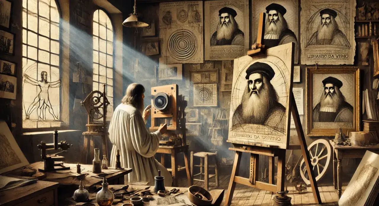 Un homme ajuste une camera obscura dans un atelier rempli d'études de Léonard de Vinci.