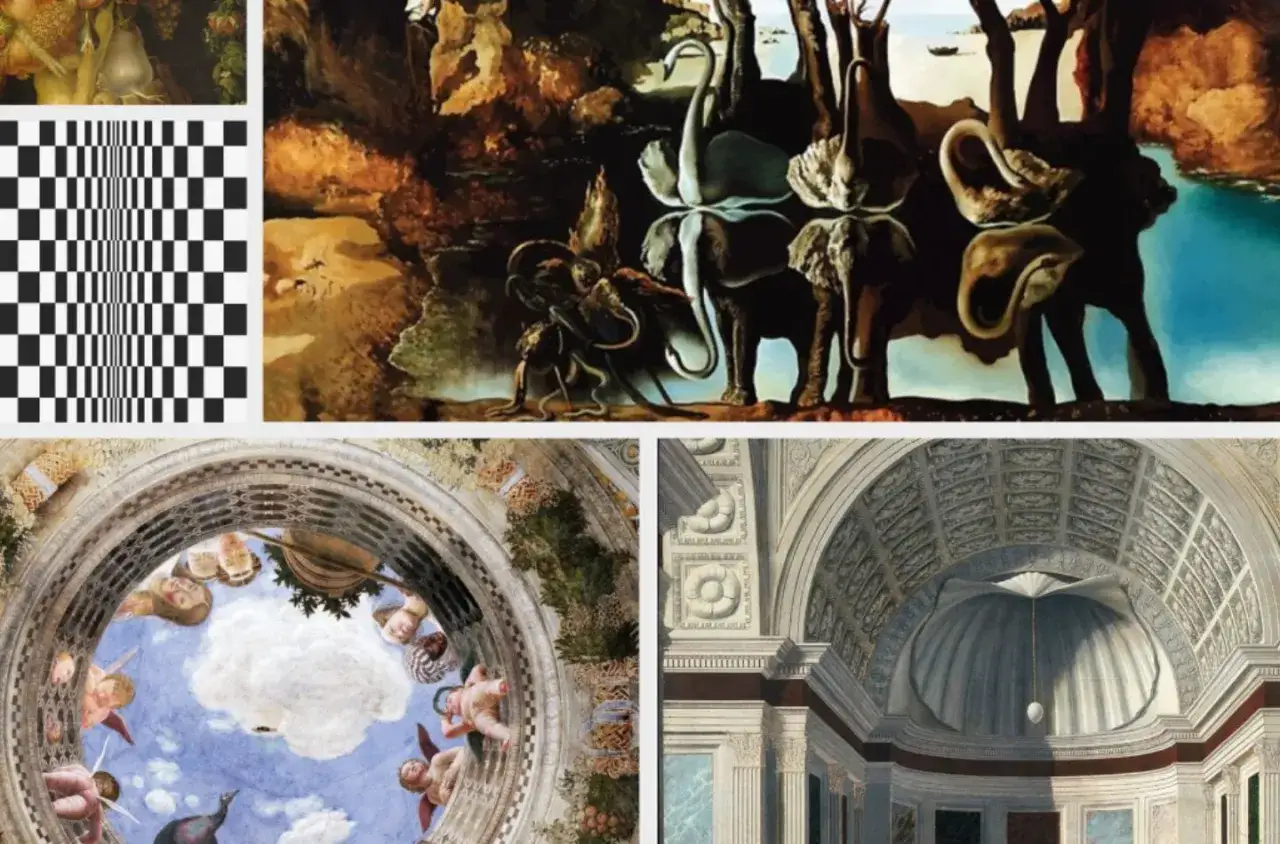 Collage d'art surréaliste et architectural, incluant un célèbre tableau trompe l'oeil d'éléphants et de cygnes, une illusion d'optique et des fresques célestes.