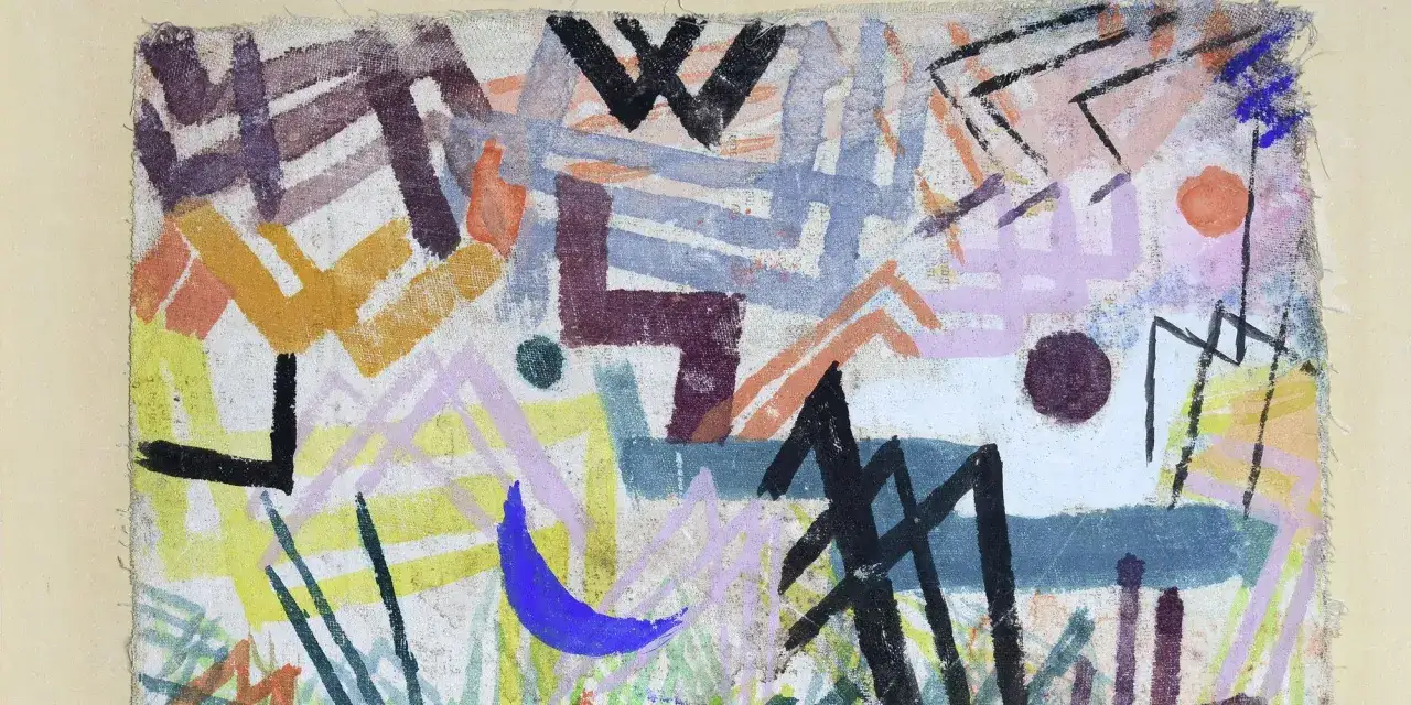 Abstraction colorée de Paul Klee, avec des formes géométriques et des lignes vives sur fond texturé.