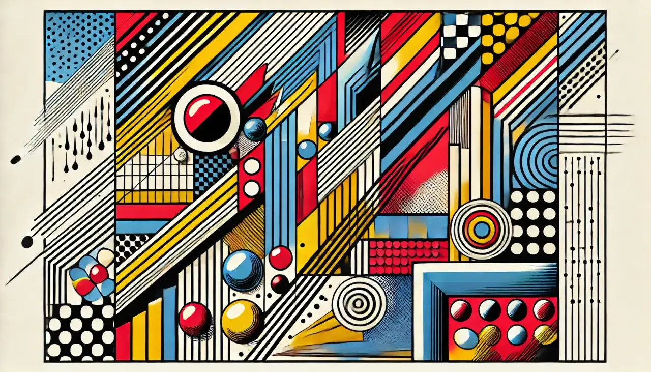 Abstraction g&eacute;om&eacute;trique aux couleurs vives, &eacute;voquant le style pop art. Lignes, cercles, points et formes s'entrem&ecirc;lent dans une composition dynamique.