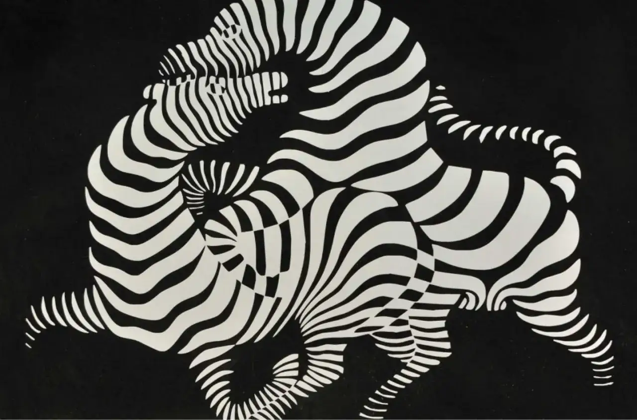 Œuvres d'art de Victor Vasarely : des zèbres aux rayures ondulantes et hypnotiques, créant une illusion de mouvement sur fond noir.