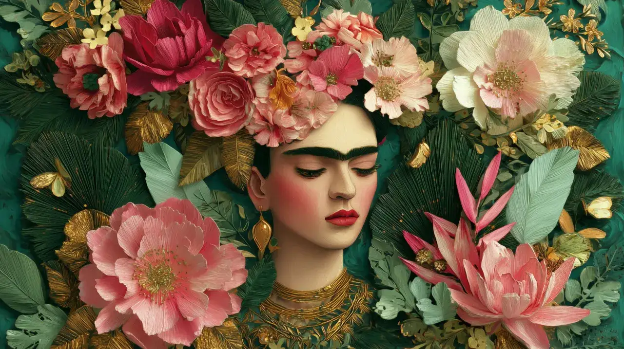Une peinture de Frida Kahlo, couronnée de fleurs roses et blanches, entourée de feuillage luxuriant et de touches dorées.