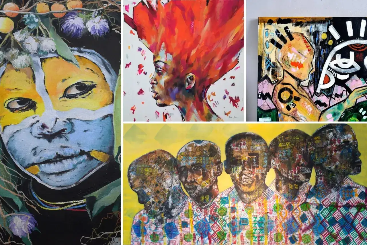 Collage d'œuvres vibrantes d'art contemporain africain : portraits expressifs, visages stylisés et figures masculines aux motifs colorés.