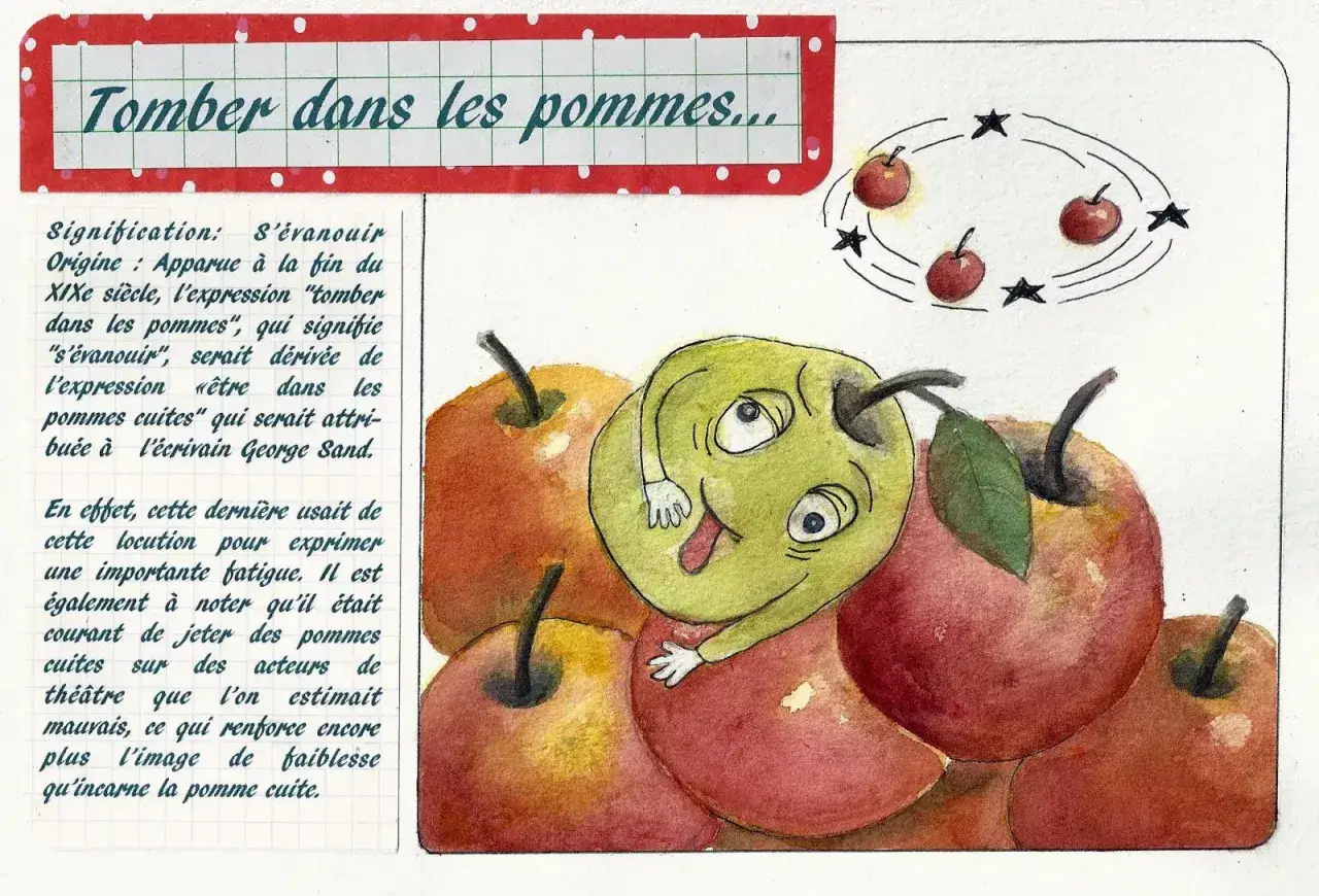 Une pomme verte s'effondre, l'air étourdi, sur un tas de pommes rouges. L'origine de l'expression