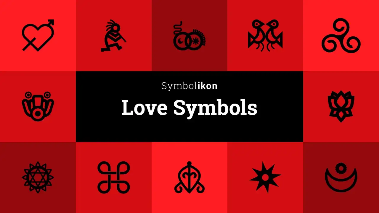 Une collection de symboles évoquant l'amour et la passion, sur fond rouge et noir.