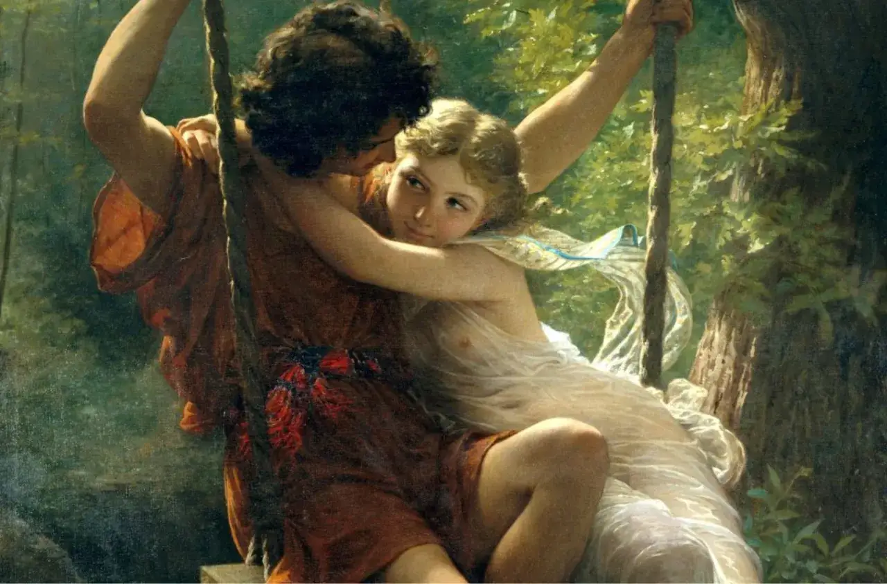 Une peinture romantique d&eacute;peint un jeune couple enlac&eacute; sur une balan&ccedil;oire, symbolisant l'amour et la tendresse dans un cadre naturel luxuriant.