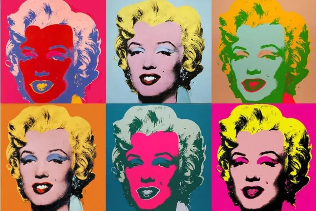 Six portraits de Marilyn Monroe dans des couleurs vives, emblématiques du mouvement artistique de Andy Warhol.