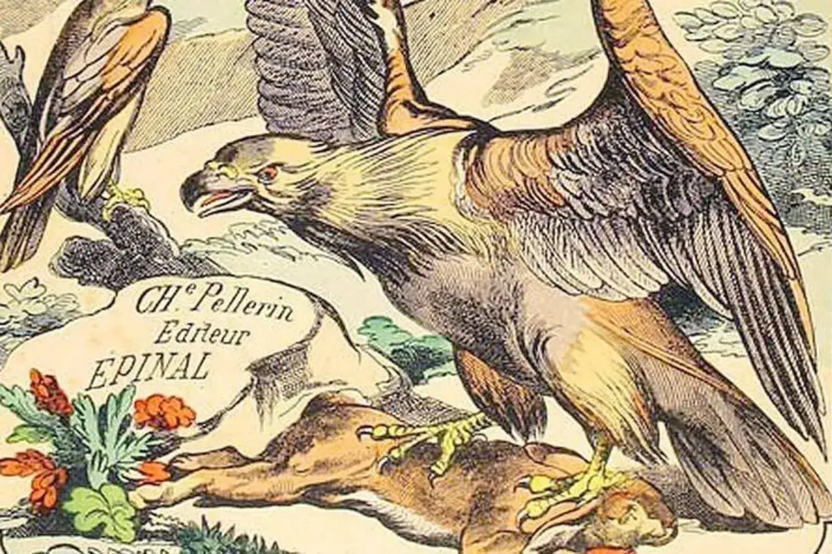 Image d'&Eacute;pinal : un aigle majestueux, aux ailes d&eacute;ploy&eacute;es, prot&egrave;ge sa proie, un lapin, sur fond de nature stylis&eacute;e.