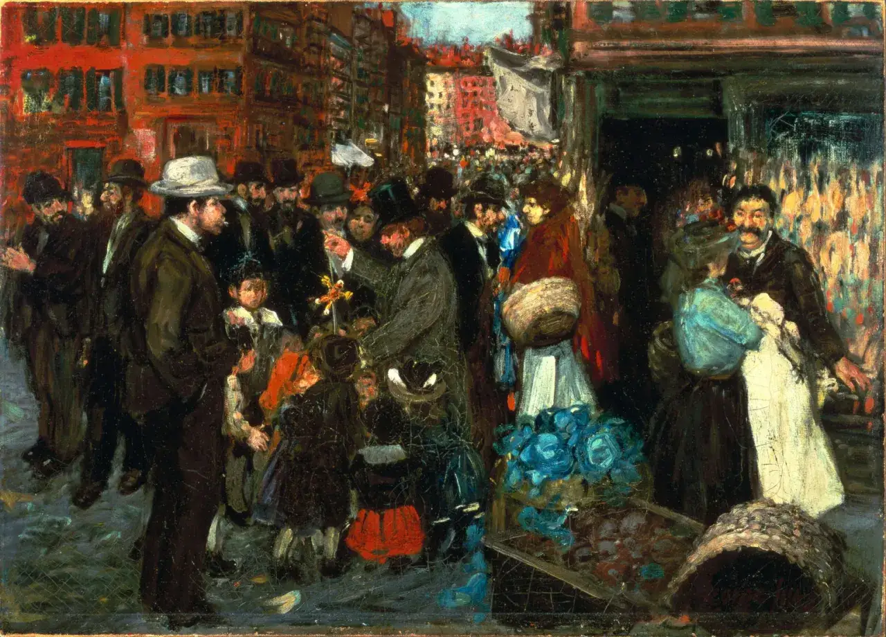 Scène de rue animée, peut-être une procession, peinte par un peintre américain du 20ème siècle. Des passants, des enfants et des étals de marché composent cette œuvre vibrante.