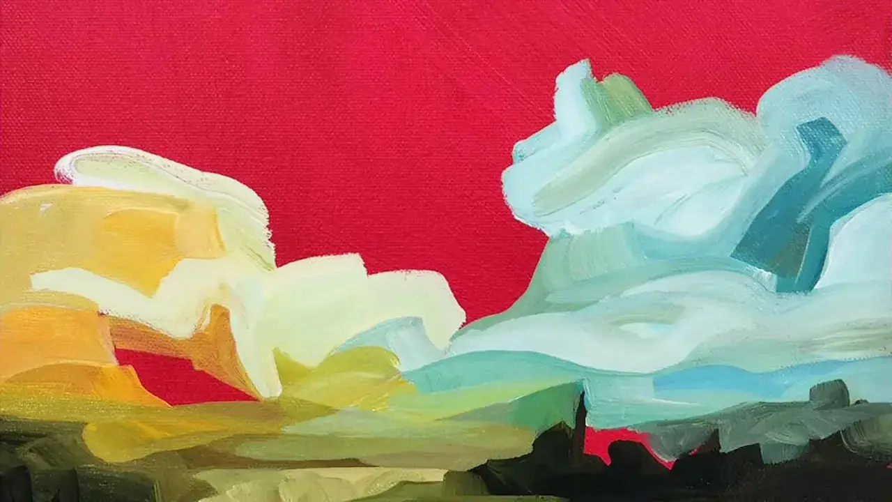Nuages abstraits aux couleurs vives sur fond rouge, &eacute;voquant un repentir en peinture. Le paysage semble se transformer sous nos yeux.
