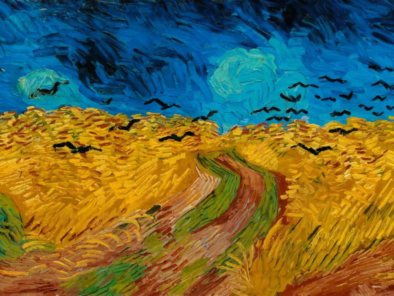 Champ de blé jaune sous un ciel bleu tourmenté, traversé par des corbeaux en vol. Une œuvre du peintre Van Gogh.