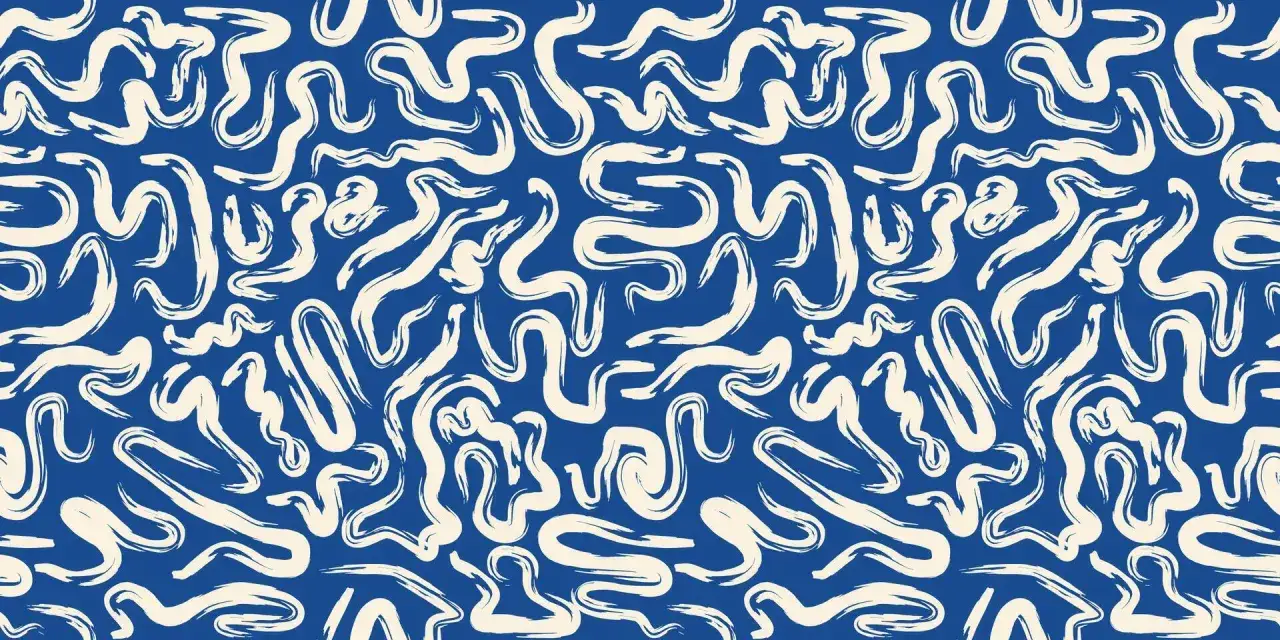 Motif abstrait bleu et blanc, une r&eacute;p&eacute;tition art de formes sinueuses et organiques &eacute;voquant des vagues ou des rubans.