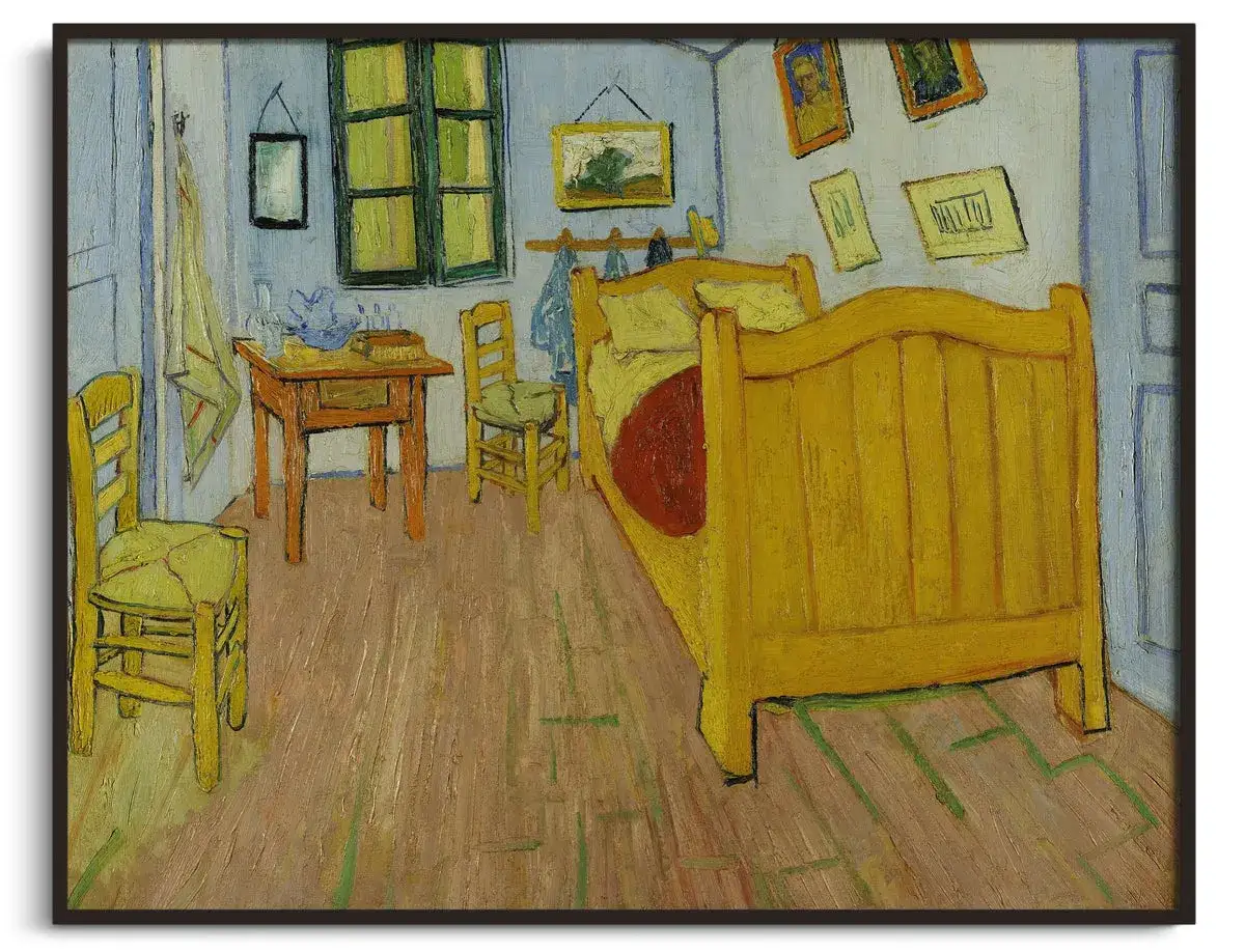 La chambre de Van Gogh, vue en perspective. Un lit jaune vif, des chaises, une table et des tableaux sur les murs bleus.