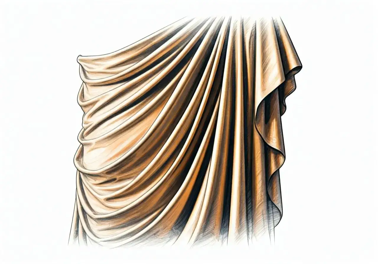 Dessin d'un tissu dor&eacute; aux plis profonds, illustrant le drap&eacute; dans l'art avec des ombres et lumi&egrave;res saisissantes.