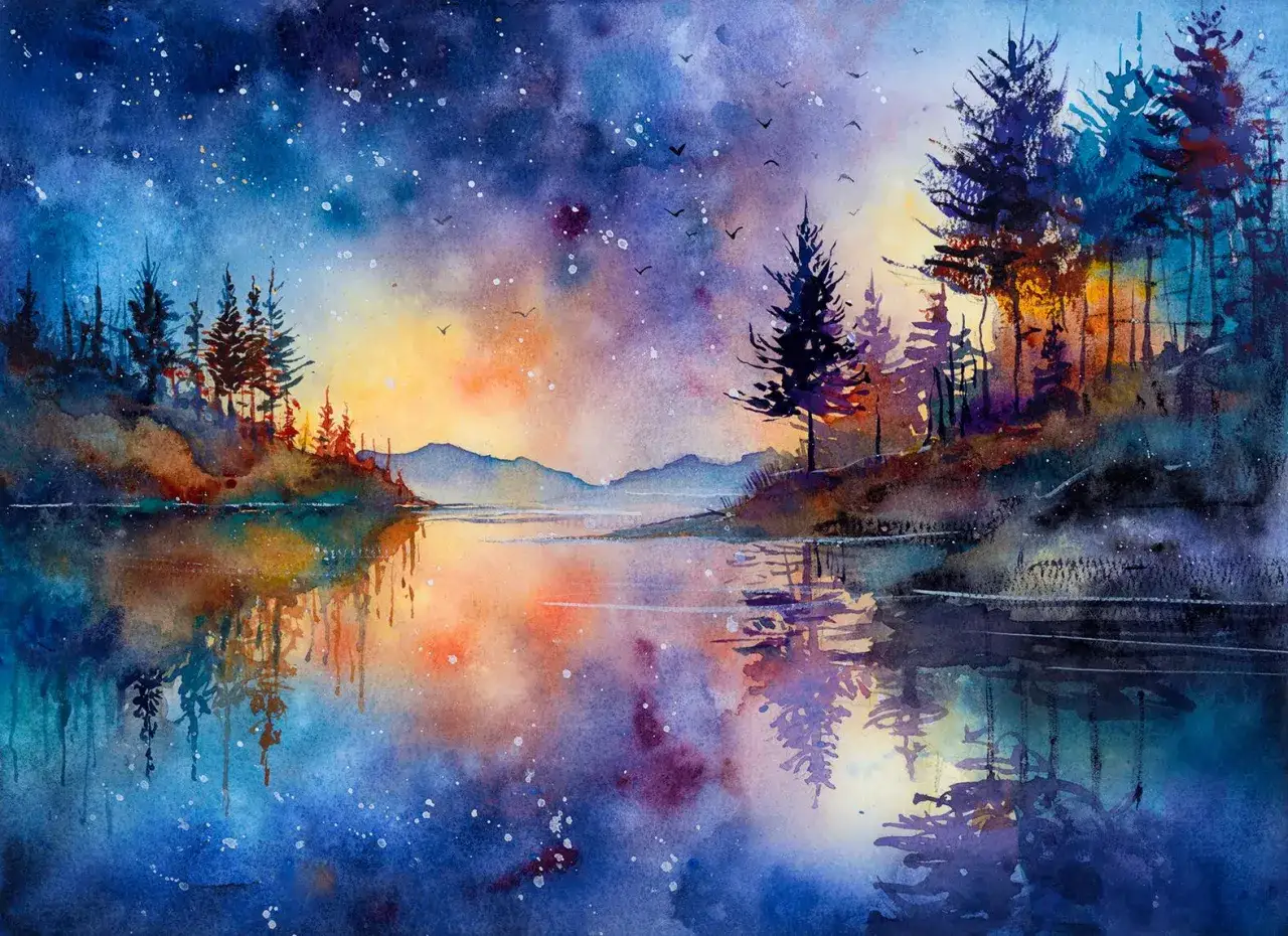 Composition aquarelle d'un paysage nocturne avec des arbres sombres, un lac refl&eacute;tant le ciel &eacute;toil&eacute; aux couleurs vives et des montagnes lointaines.