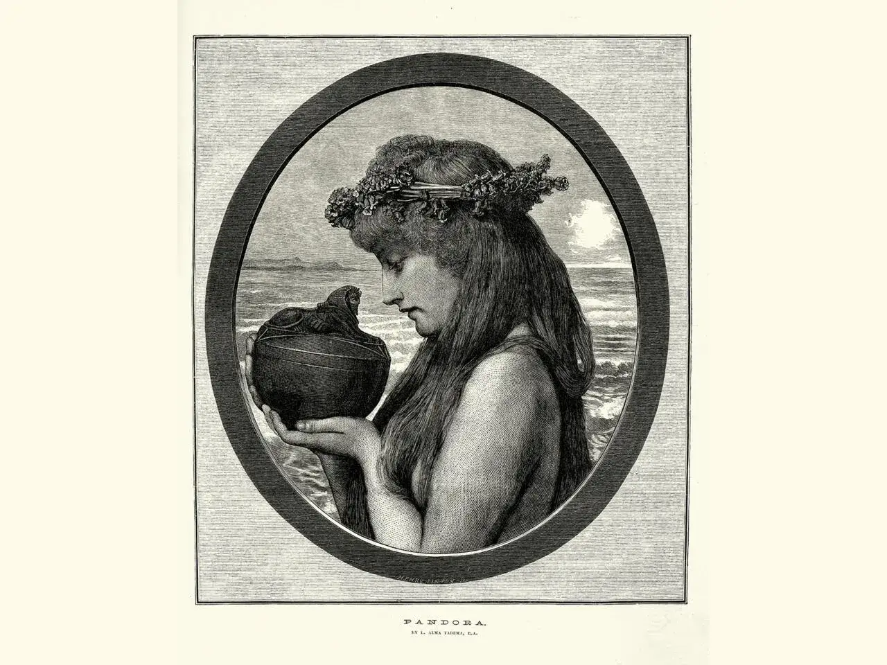 Jeune femme couronn&eacute;e de fleurs, tenant une jarre, &eacute;voquant la bo&icirc;te de Pandore et ses myst&egrave;res.