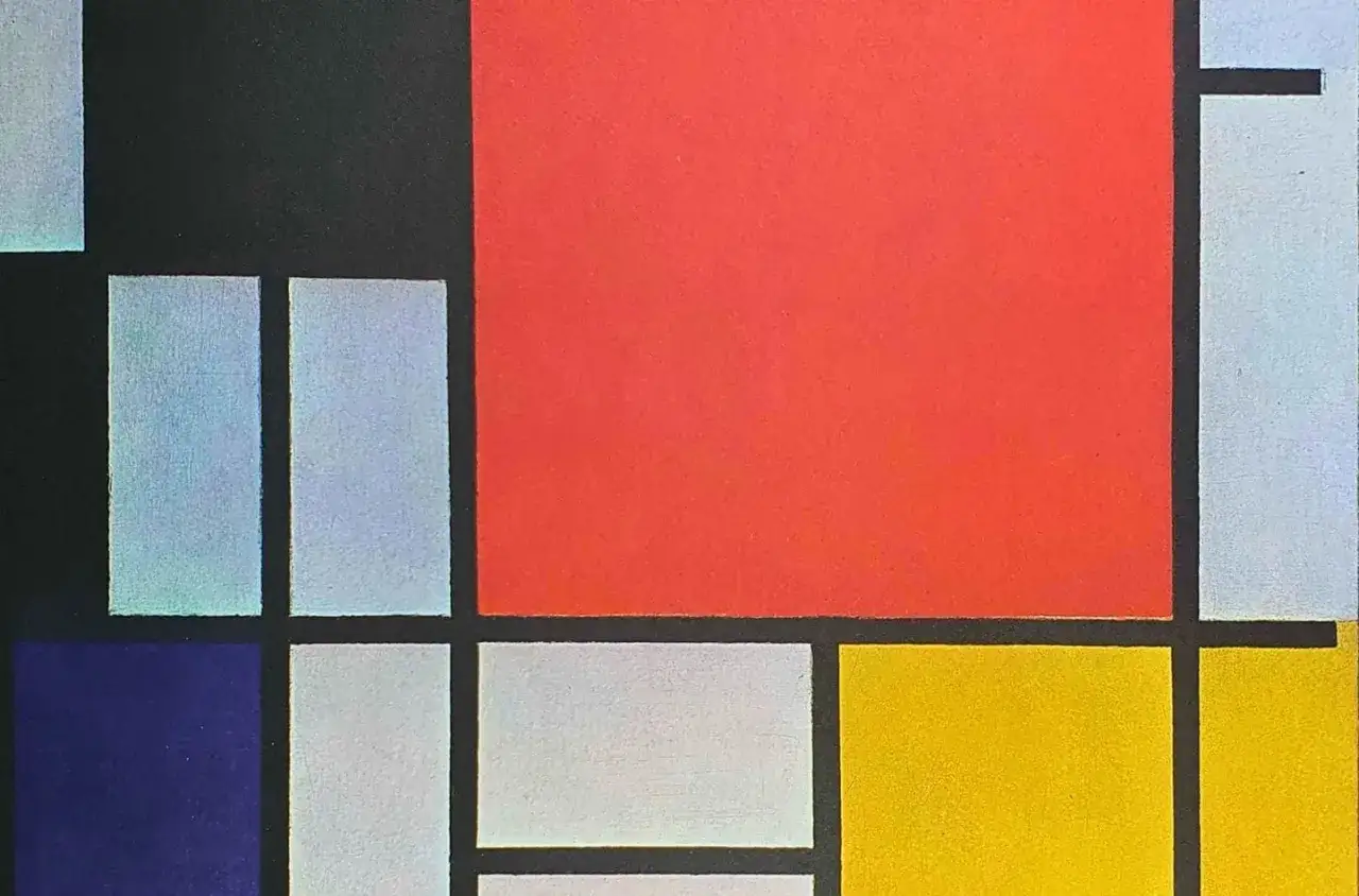 Une peinture de Mondrian, avec des rectangles de couleurs primaires et secondaires, séparés par des lignes noires.