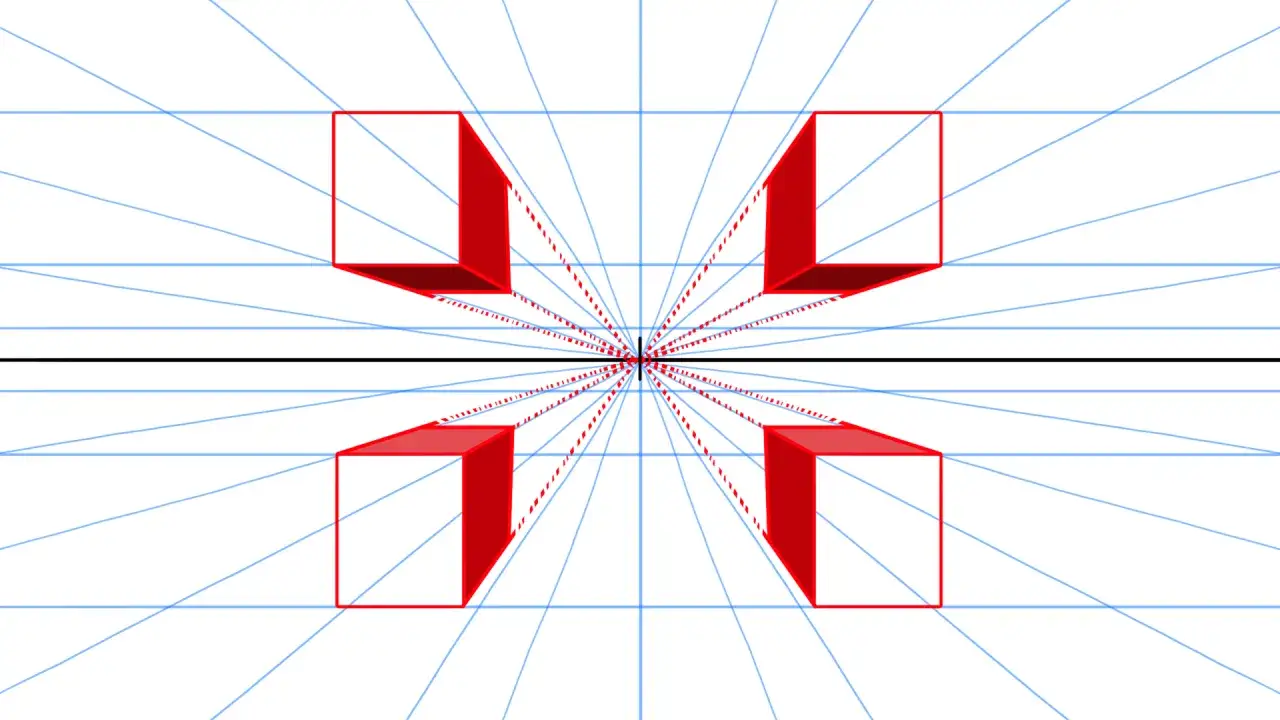 Illustration de la perspective à deux points avec des cubes rouges s'étendant vers le point de fuite.