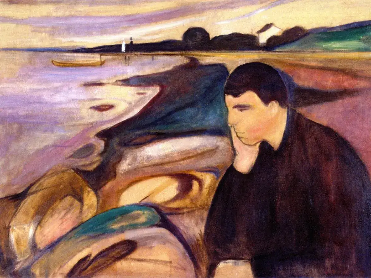 Une oeuvre d'art tristesse : un homme pensif au bord de l'eau, le regard perdu dans le lointain. Le paysage tourmenté reflète son état d'âme.